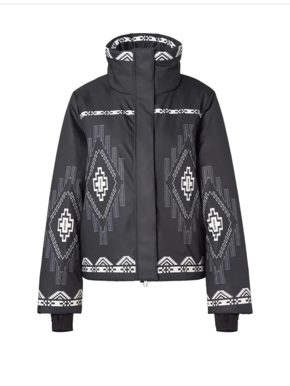 Women's Black Patterned Ski Jacket with High Collar